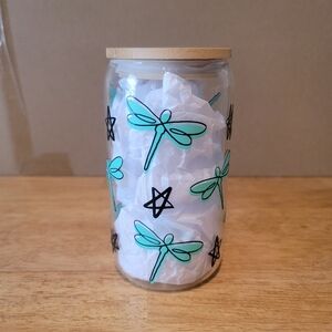 Dragonfly and Star Glass Tumbler with Straw, 16 Oz Light Teal